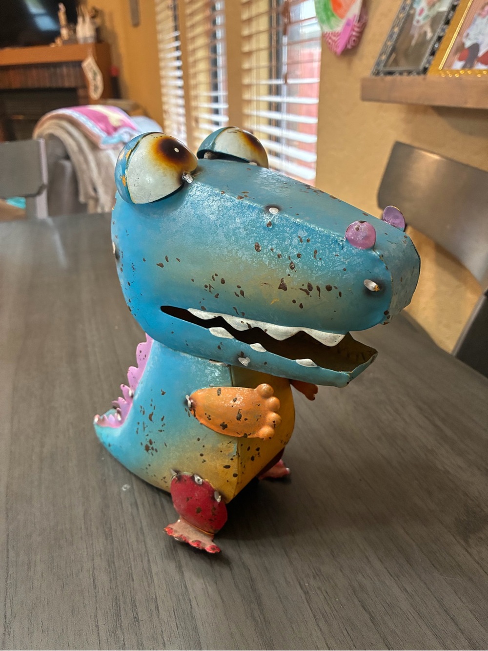 Yard Art Painted And Welded Metal Dinosaur 9” Height Length Appt 5-6”